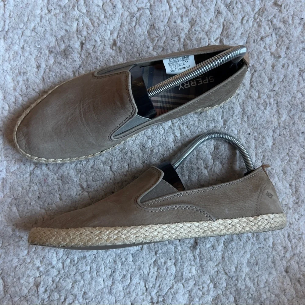 Sperry: Olive Green Suede Slip On Sailor Twin Gore Jute Espadrilles Size 8.5